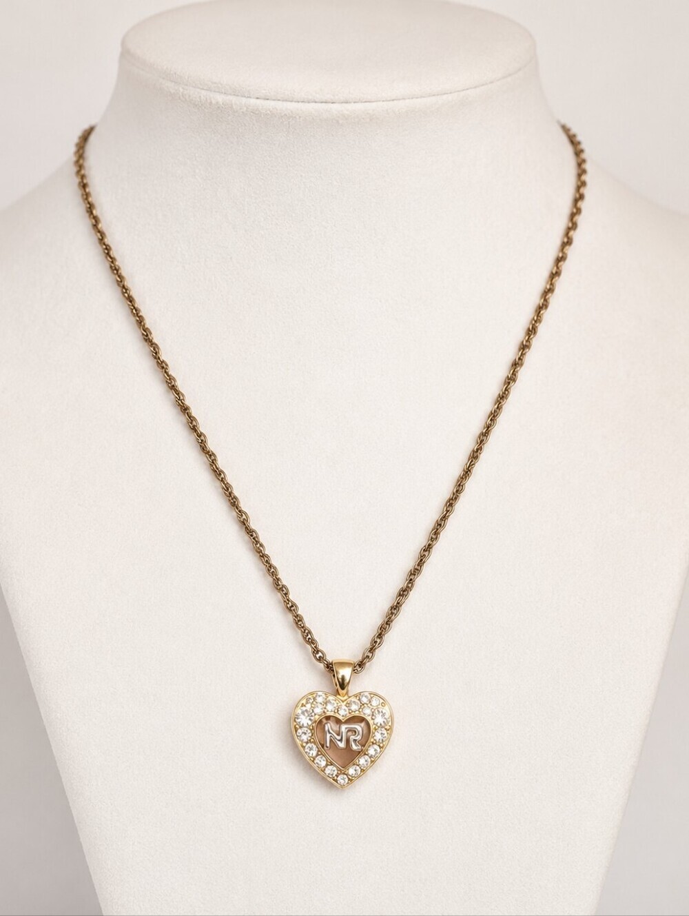 Vintage Nina Ricci NR Logo Heart Rhinestone Pendant Necklace Gold Tone
